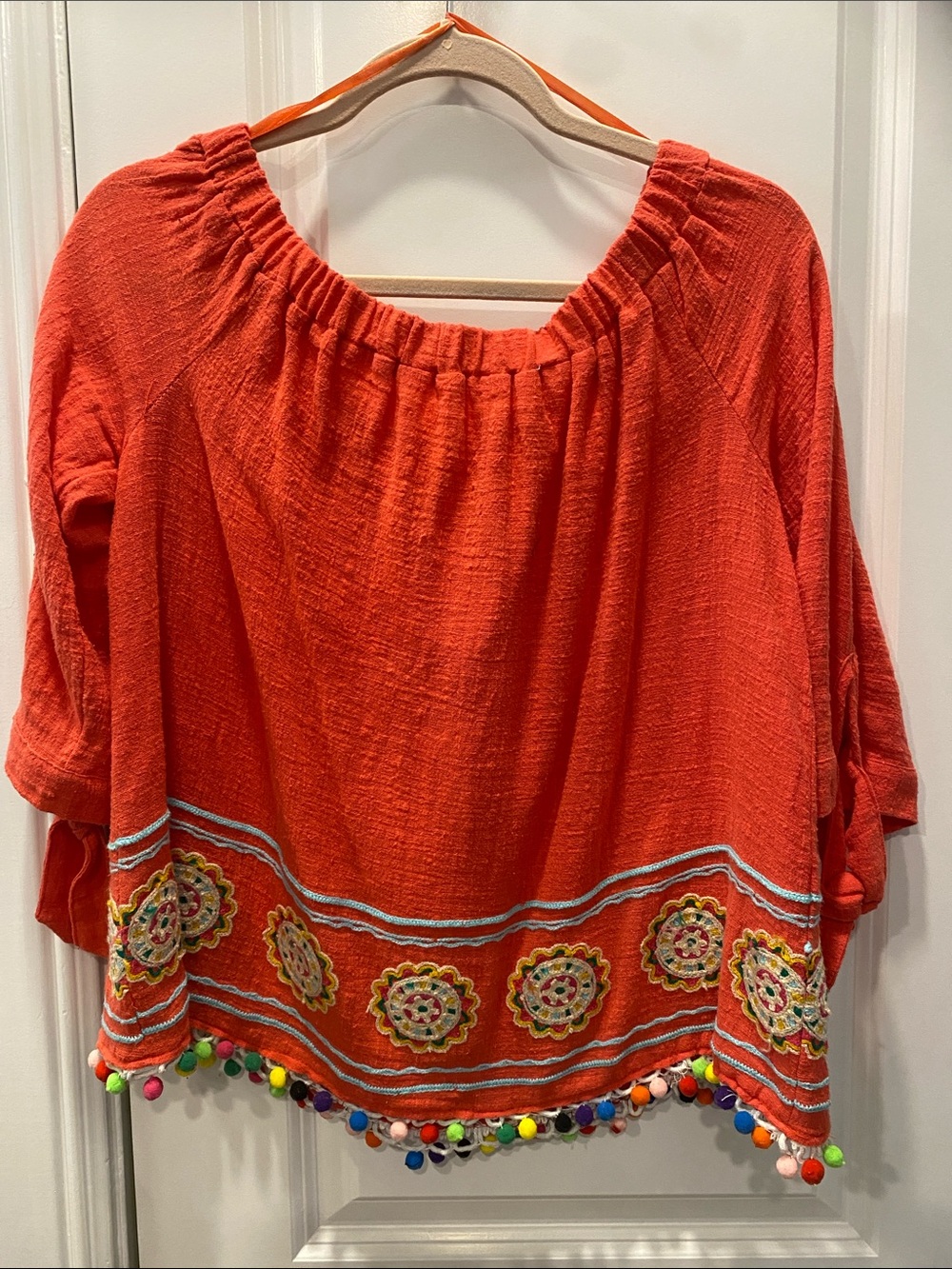 entro Orange Embroidered Pom-Pom Boho Tunic